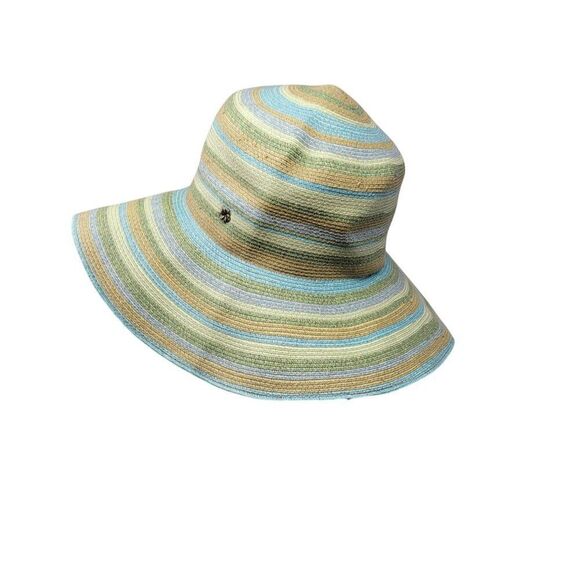 Flora Bella Pastel Floppy Wide Brim Straw‎ Beach Sun Hat Blue Green Striped - Picture 5 of 8